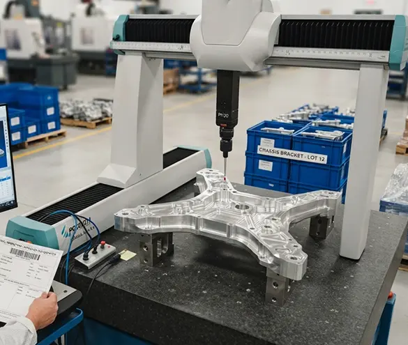 CMM dimensional inspection of a chassis bracket before dispatch