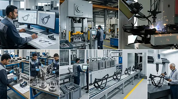 CMM-based dimensional inspection of a two-wheeler frame component before dispatch