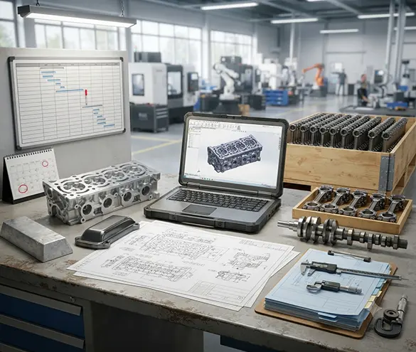 Engineering team reviewing an engine component drawing