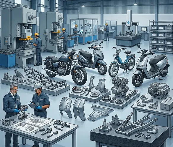 Presco-Mec Group engineering team reviewing a two-wheeler component drawing with a sourcing partner