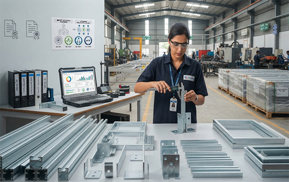 Indian quality engineer inspecting solar mounting structure components