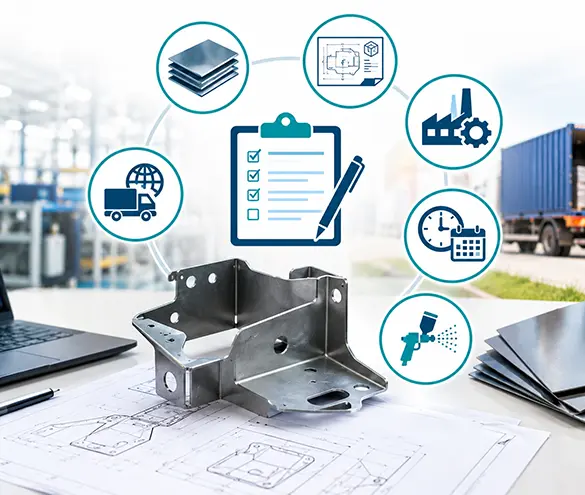 Off-highway sheet metal bracket with engineering drawings and manufacturing icons