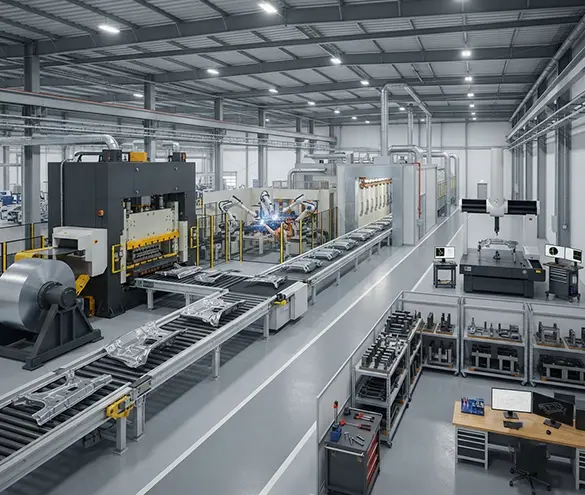 Integrated sheet metal pressing, welding, coating and inspection facility