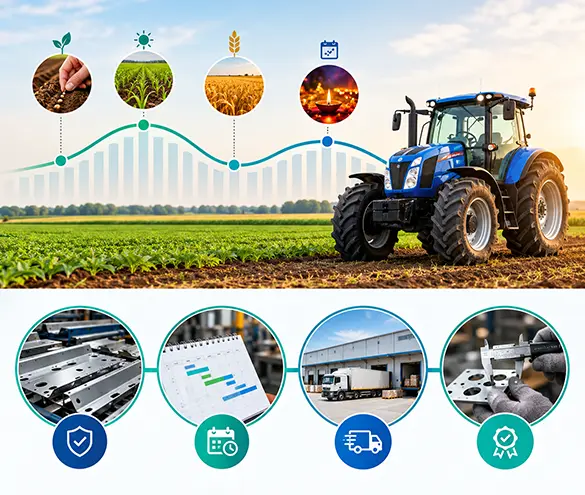 Tractor in a farm landscape with seasonal agricultural cycles