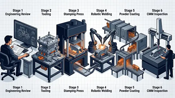 Six-step tractor sheet metal process from drawing review to CMM inspection